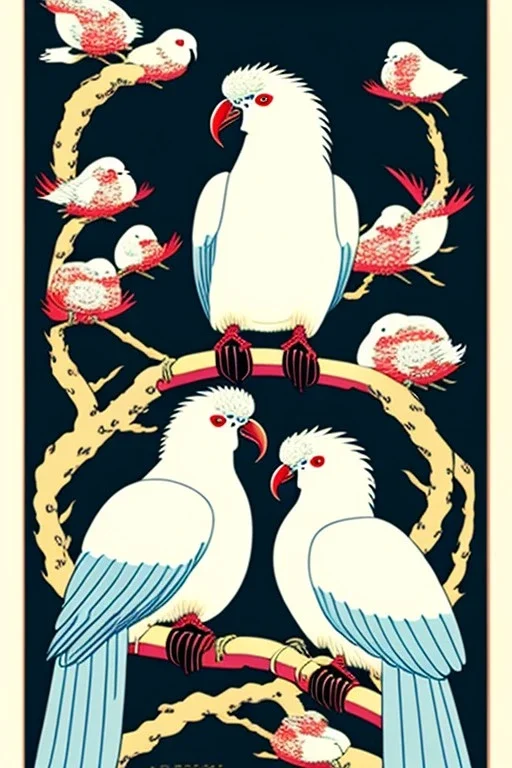  a group of Cockatoos that are on top of each other, a poster by Nōami, ukiyo-e, anime aesthetic, minimalist.