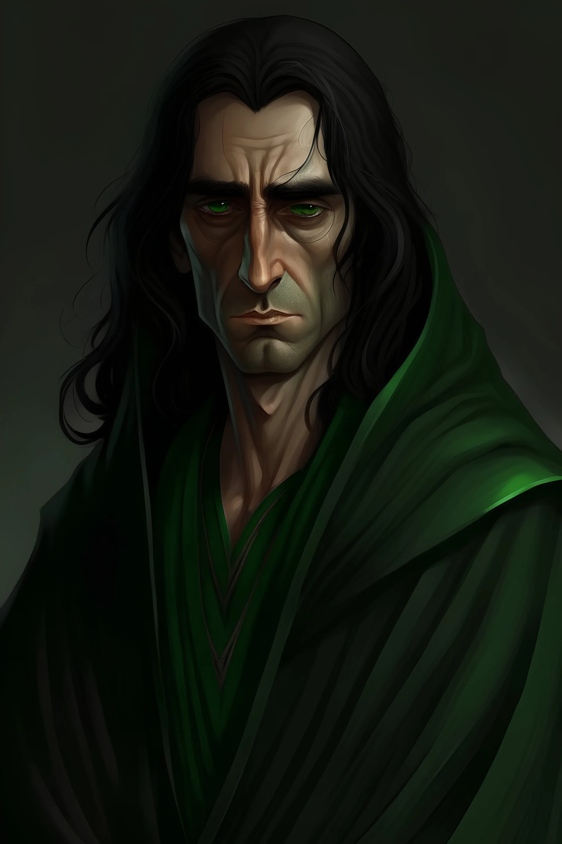 a man in his fourties, brown skin, long black hair, in a dark green robe, long slim face, green eyes, tired and ill, skinny, realistic epic fantasy stlye
