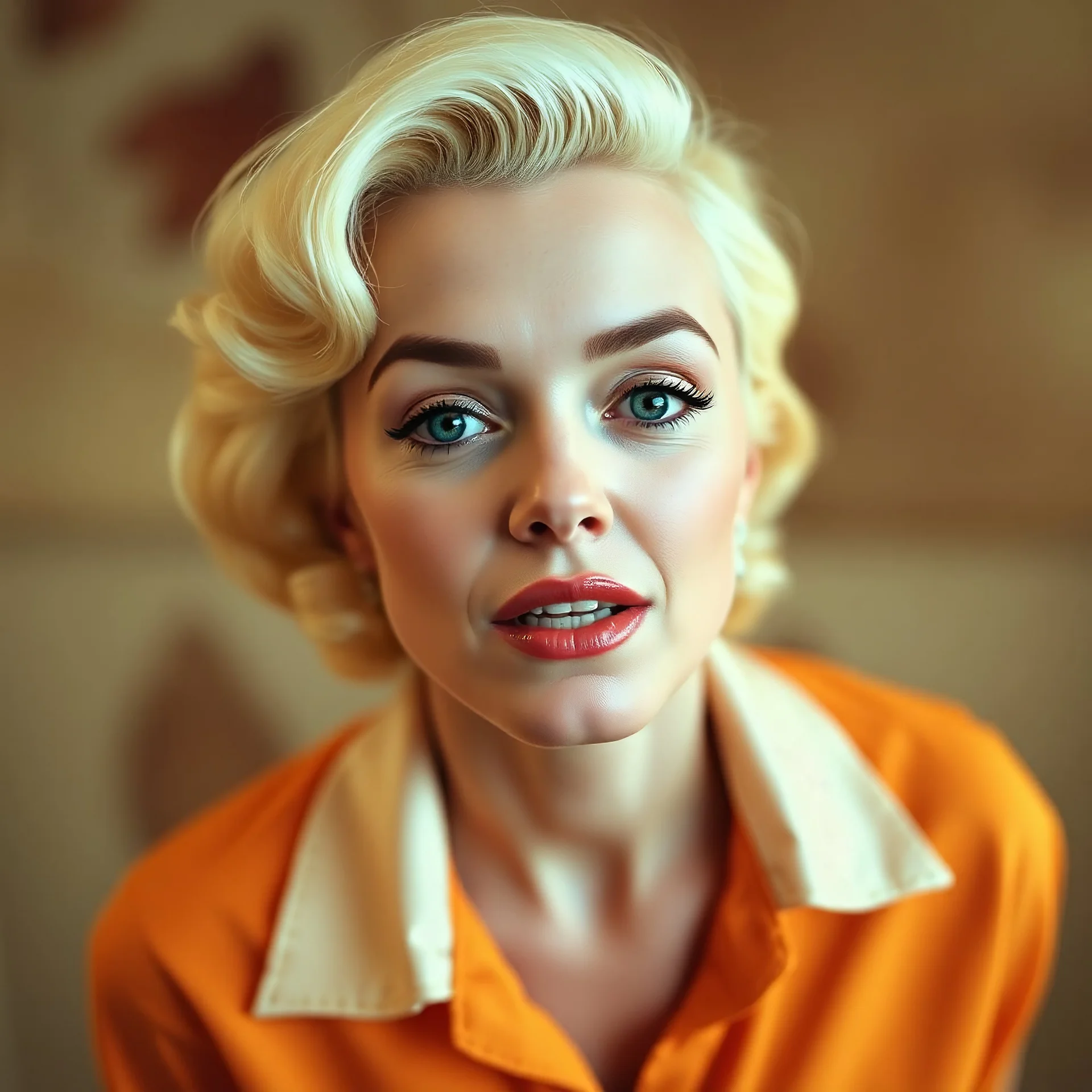 Marilyn monroe in a orange shirt, extreme close up