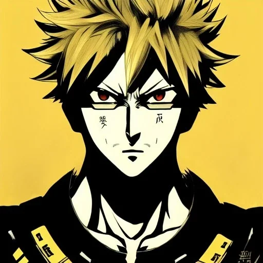 Detailed anime portrait of bakugo from my hero academia, gold hair and golden eyes, black suit, intricate details, full body portrait, keep head in frame, slight smile, black Japanese motif, concept art, highly detailed, digital painting, concept art, sharp focus, illustration, art by Yoji Shinkawa, WLOP and greg rutkowski and alphonse mucha and artgerm and yanjun Chen and Junji ito and Makoto Shinkai, HDR, octane render