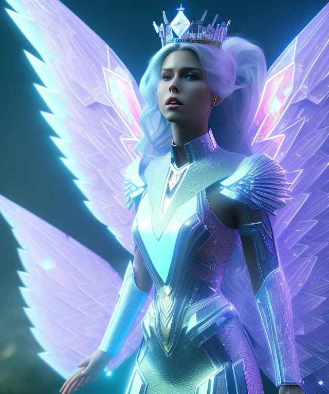 A crystalised queen, atmospheric, realistic, unreal engine, cinematic lighting, octane render. blue, pink, transparency, light, shine,bright, full body, transparent wings, blonde, long hair, nice smile