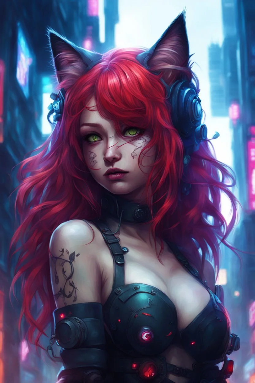 CAT GIRL, FANTASY, VINES, SOULLESS, FLUFFY TAIL, RED HAIR, CYBERPUNK