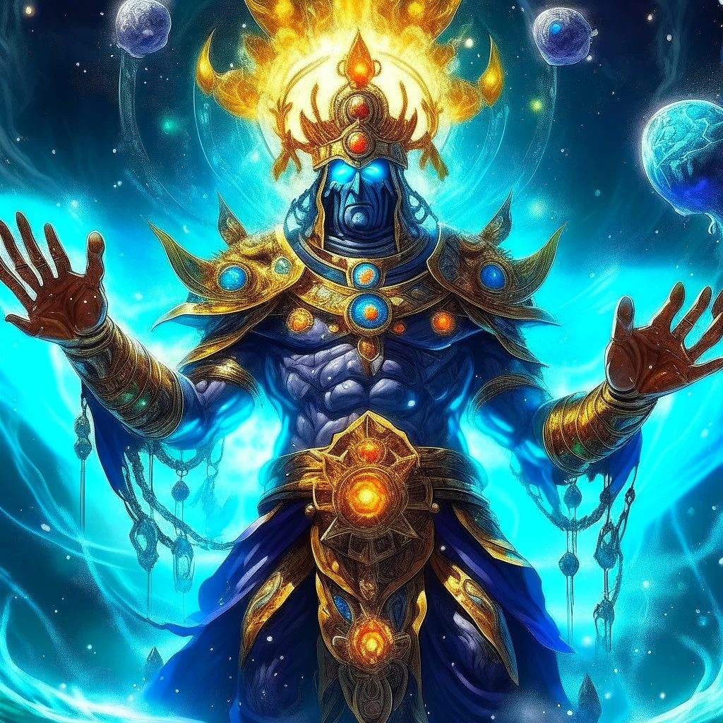 A divine being made from the combination of water and sun with cosmic powers and Dracula God-like man with infinite power who owns the galaxies and wears a beautiful crown A battle suit made of galaxies and stars with a glove that has seven endless stones with a mighty army behind him