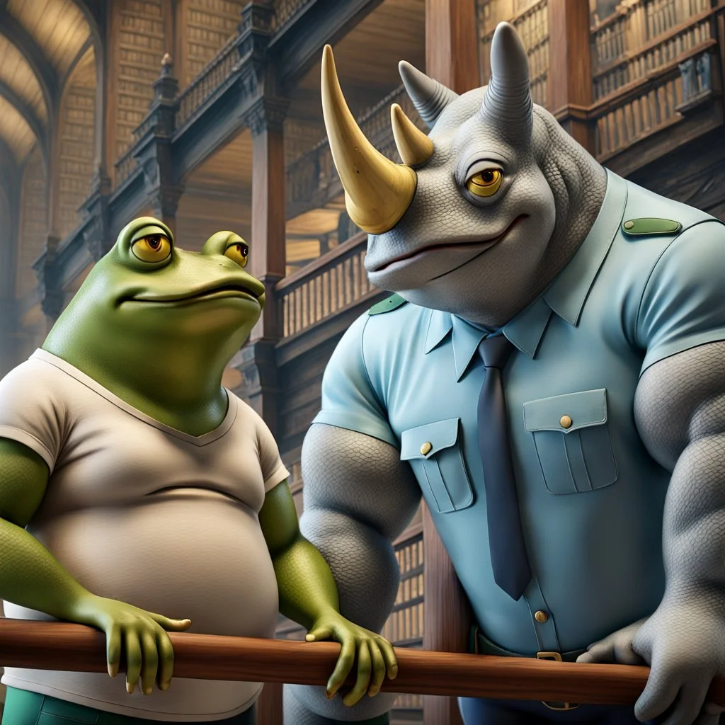 close up 3d illustration very fat yellow and green color big anthropomorphic frog in simple t-shirt and pants stands close and elbowing on an old wooden railing next to each other and talking with a strong gray color anthropomorphic rhinoceros without horns in modern security guard clothes, they talking and elbowing on an old wooden railing next to each other, in background a bibliothek with tall book shelves, detailed sci-fi, fantasy mood