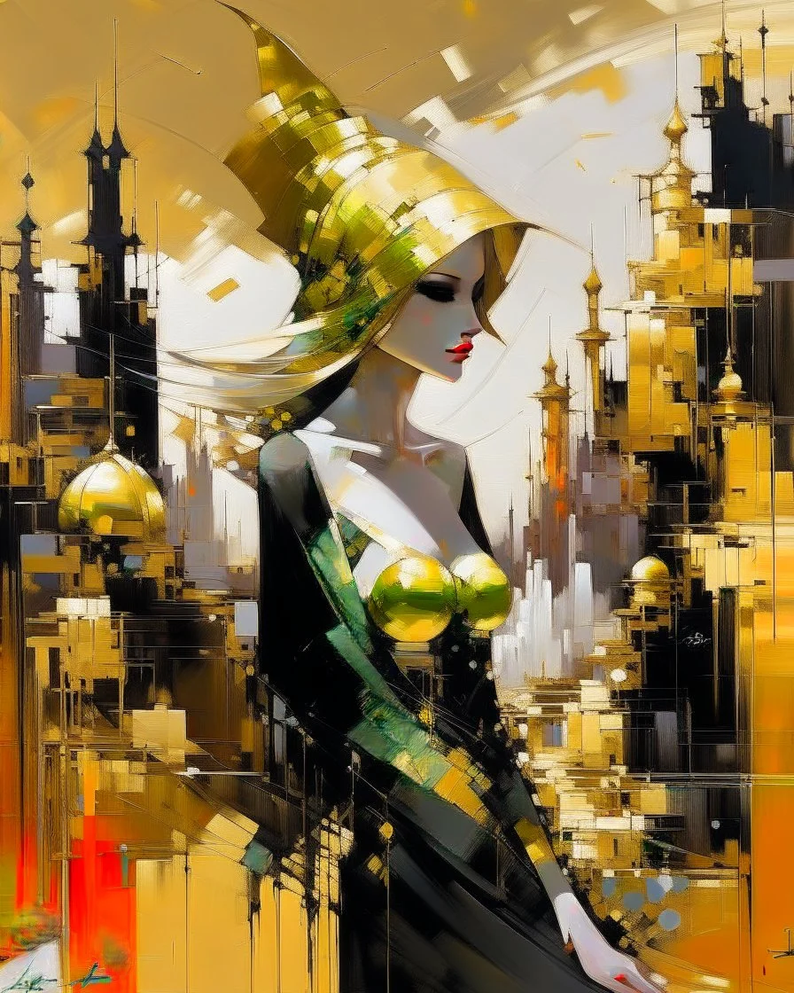 Gold & black an abstract painting by karen henderson, in the style of captivatingly atmospheric Saudi Arabia cityscapes, silhouette of beauty lady, josef kote, whitewashed narratives, flattened perspective, reflections, kōji morimoto --v 5.2 --ar 2:3 --s 600