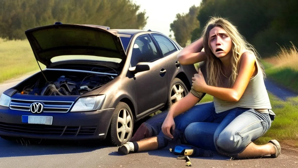 man and crying lady inside broken down jetta on side of the road