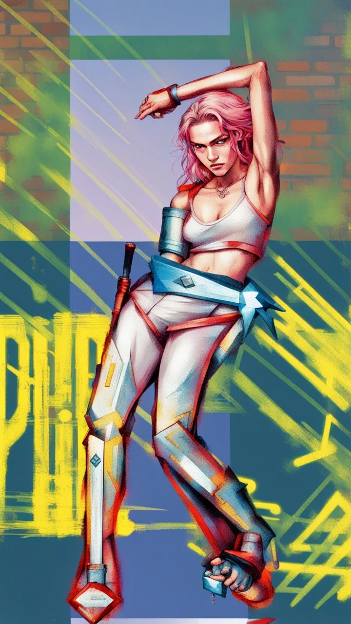 teen woman in retro-futurist cyberpunk costuming with pants and sheathed swords leaning to the side with shoulder against a brick pillar, add a background of brick with graffiti of a large arrow pointing to the right and text of the word "PUB" on lower left