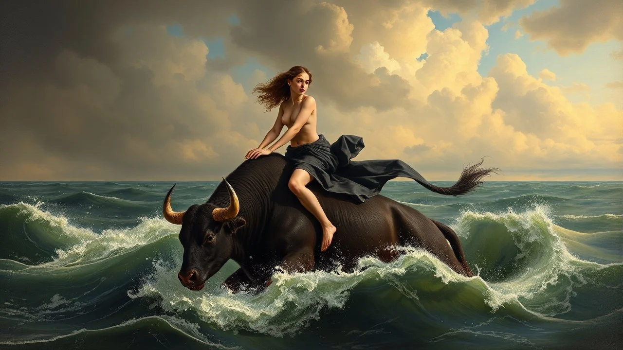 Allegorical painting of a semi-nude female figure riding a dark bull in turbulent waters under a vast, cloudy sky.