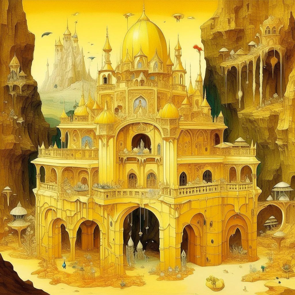 An orangish yellow palace with crystals, gems, and relics designed in cave paintings painted by Qiu Ying