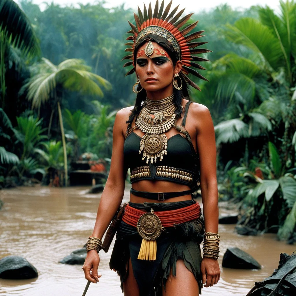 [by Francis Ford Coppola for Apocalypse Now (1979)] The jungle's dense, the mud hungry for her. The Mexican woman, S.W.A.T. warrior, precise in her movements, hands on her head. Adorned with tribal symbols, her cutout clothing revealing a warrior's arsenal. And just behind her, lurking like a nightmare brought to life, a beast akin to Swamp Thing emerged from the shadows. Its monstrous form twisted and contorted, melding seamlessly with the surrounding foliage. The woman, sweating and muddy, fo