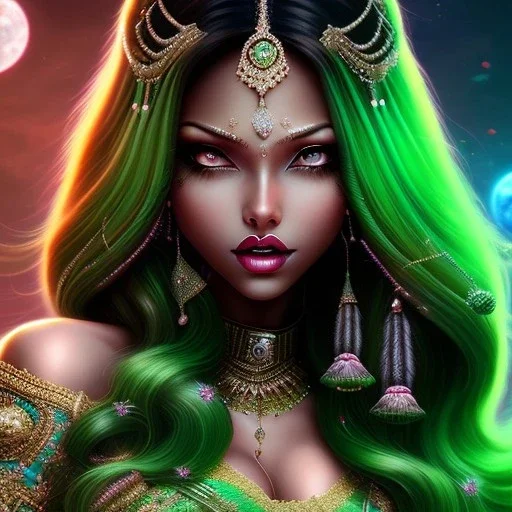 fantaisy seeting, insanely detailed, woman, indian, dark skinned, green hair strand