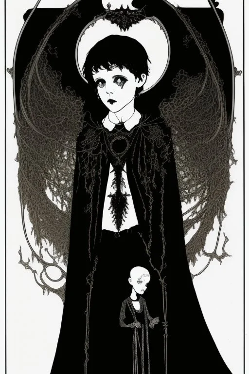 7 year old boy, necromancer, friendly, looks dead,with a long lamprey emerging from his belly , wearing black robes, in the style of Harry Clarke