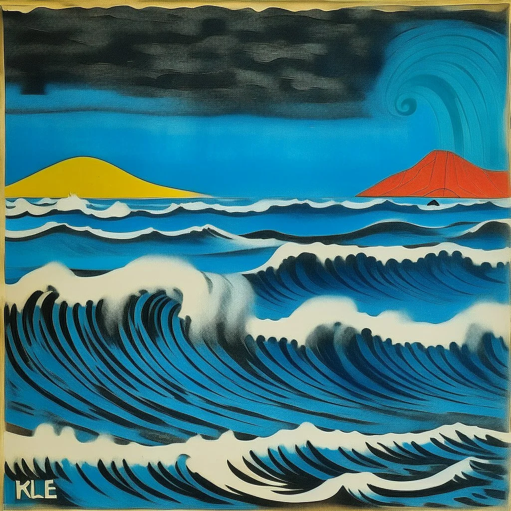 A blue beach with raging waves designed in Hawaiian tikis painted by Paul Klee