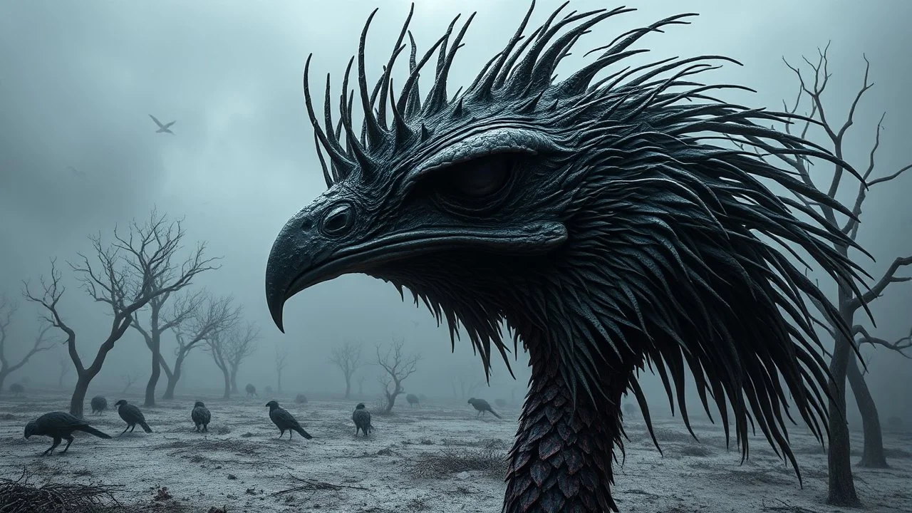 close up weird crepy bird head, and far away Birds and trees in alternative surreal barren, dry, gloomy world, nightmare in abyss, deep vortex, black, gray, purple, brown, silver, dark red colors, surreal, weird dark fantasy, deep dark colors, sharp lines, crepy stunning, high detalied, weird, fog, shadows, realistic, surreal, highly detailed, melancholic thriller mood