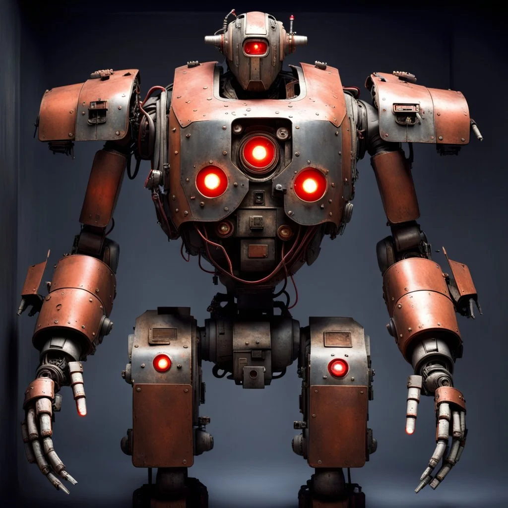 trash mech suit, human-sized, made of scrap metal, cockpit in chest cavity, light rust, round, one red glowing eye, loose wires, escape hatch