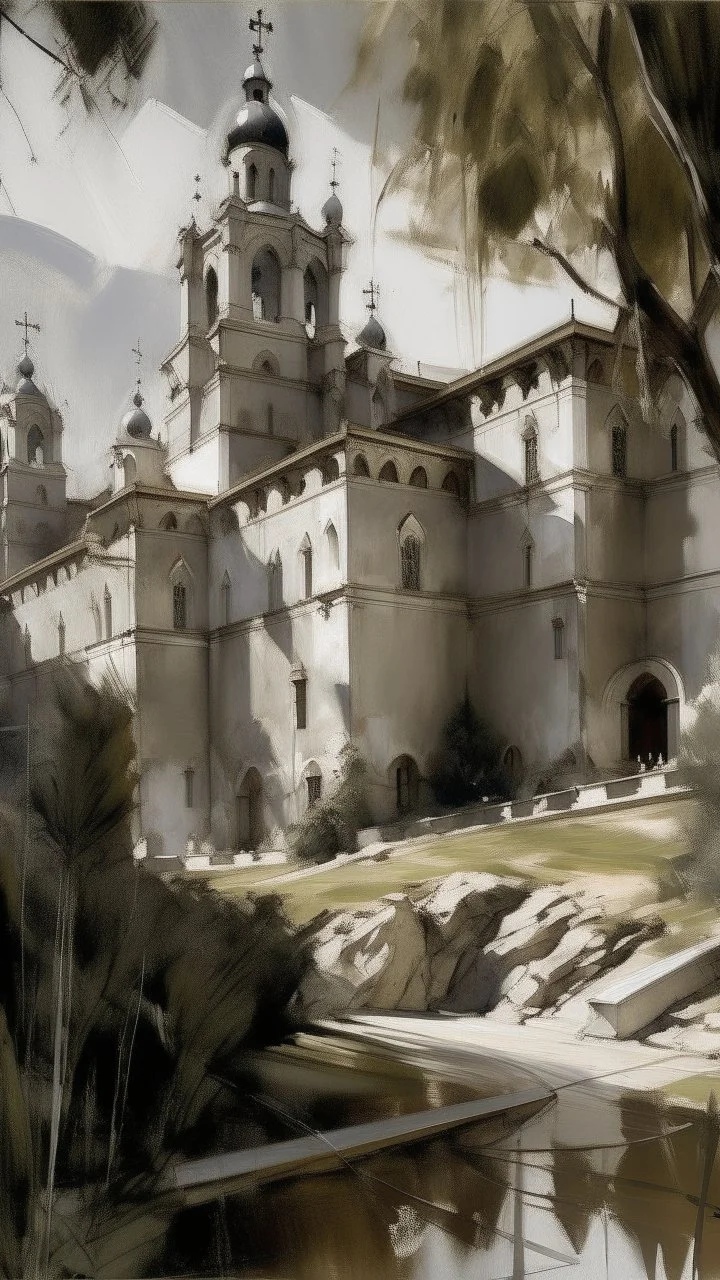 A gray monastery made out if steel painted by John Singer Sargent