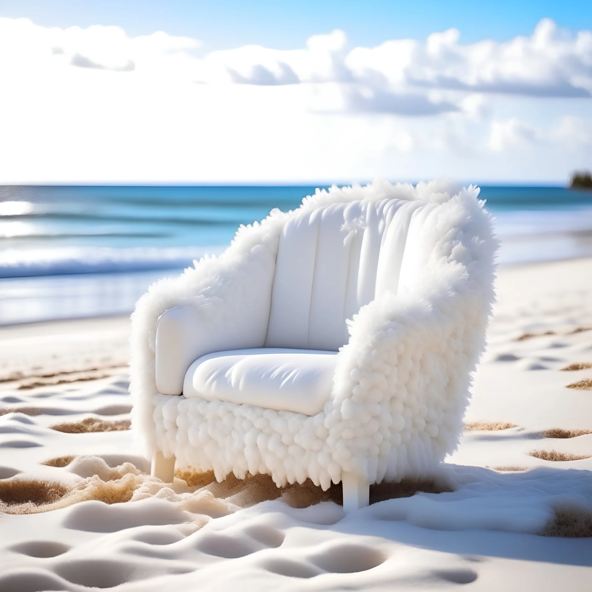 Very soft fluffy armchair, on the beach, white colors, cotton everywhere, very relaxing