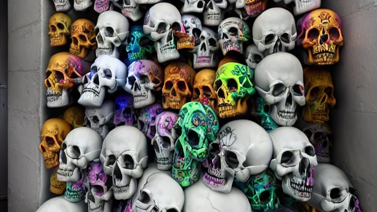 hundreds of anatomically correct, human skulls stacked into a wall unusual neon lighting, high octane, 64k, dystopian, vray, a picture of a dark, comedic, anatomically correct wall of colorful tightly packed skulls of varying sizes and expressions, photo-realistic, insanely meticulous, highly detailed,, 64k, dystopian, vray