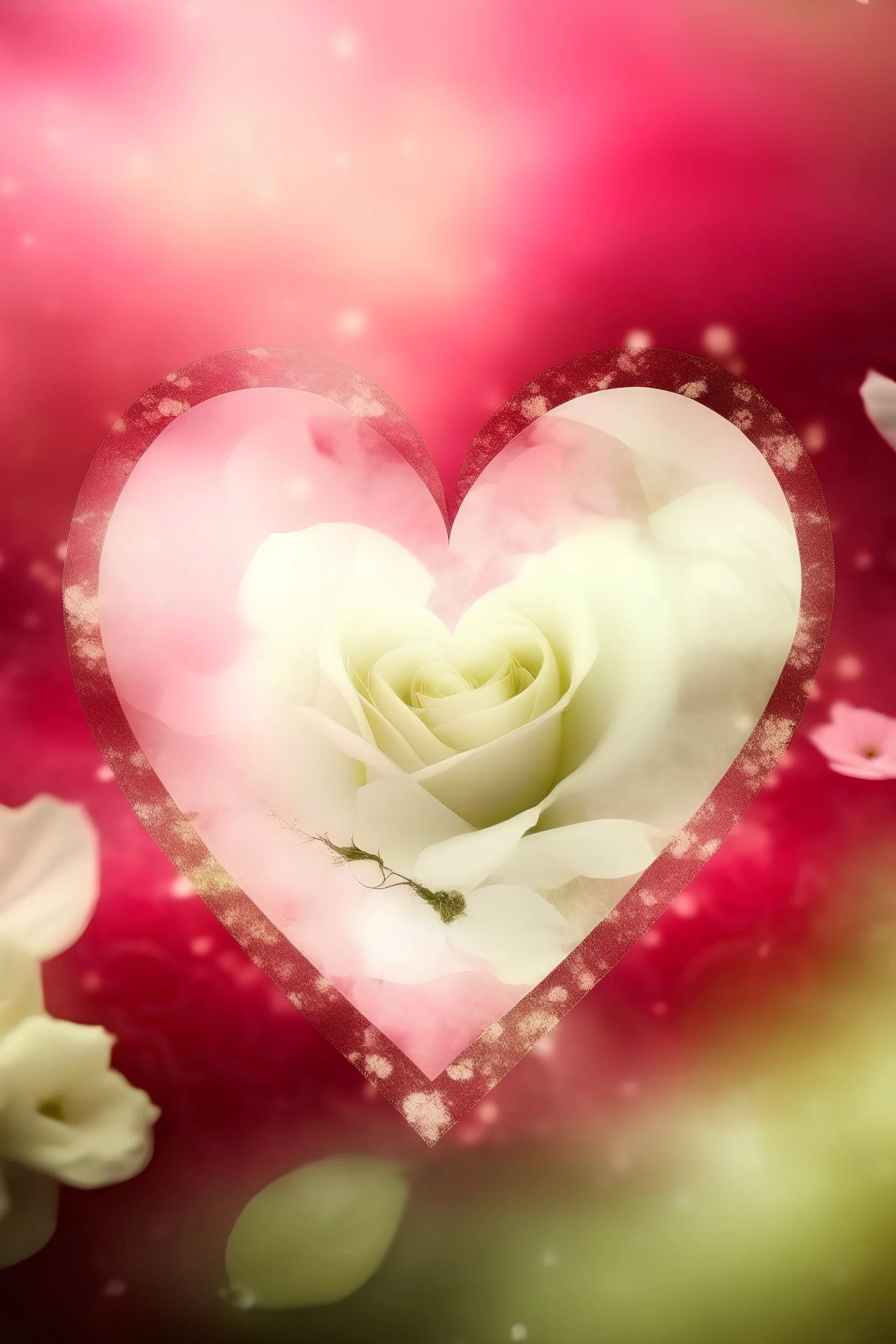 Create a romantic Valentine's Day-themed image with a soft background. Insert a stylized heart at the center of the image, surrounded by rose petals and small romantic details. Ensure that there is an empty rectangular space within the heart so that a photo can be inserted later. Also, add a love phrase underneath using an elegant font. The predominant color of the image should be red, but add touches of pink and white to make the atmosphere even more romantic. Ensure that the final image has an