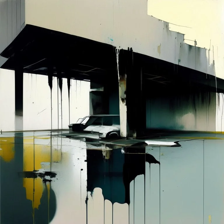 Empty Minimal contemporary abstract flat landscape painting. Concrete carpark. Big brushstrokes. Twisted bodies. Drips of paint. style of Justin Mortimer and Adrian Ghenie.