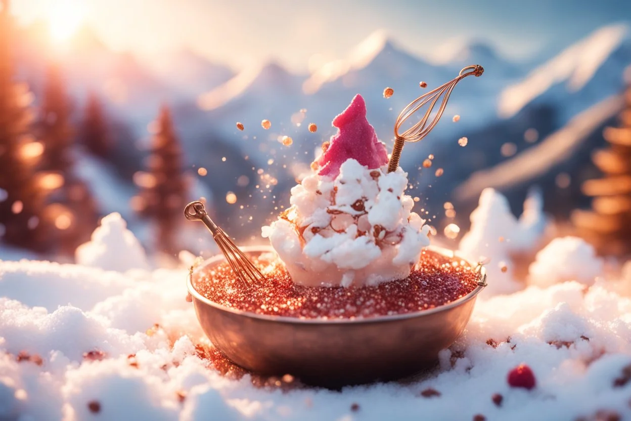 whipped cream peaks in a copper whisk (60% of the picture), cute chibi kids sledding down the peaks, a wire whisk next to the cauldron, raspberry seeds in sunshine, watercolor and black ink outlines, sparkling golden glitter, ethereal, cinematic postprocessing, bokeh, dof