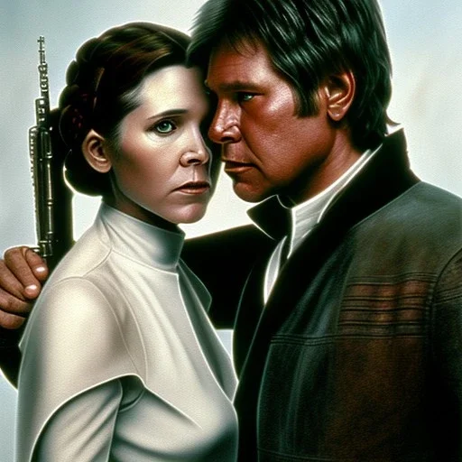 old carrie fisher embracing harrison ford in star wars, waist up portrait, photorealistic faces, intricate, oil on canvas, masterpiece, expert, insanely detailed, 4k resolution, cinematic smooth, intricate detail , soft smooth lighting, soft pastel colors,