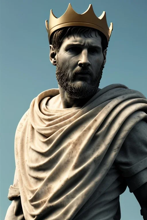 Ultra Realistic image, Roman sculpture, white marble material, Lionel Messi, gold crown of natural thorns, god crown, Renaissance style, sun rays background, waist up portrait, epic, celestial, cinematic lighting, God lights, 4k resolution, smooth details, soft lighting, unreal engine 5, art station, substance 3d.