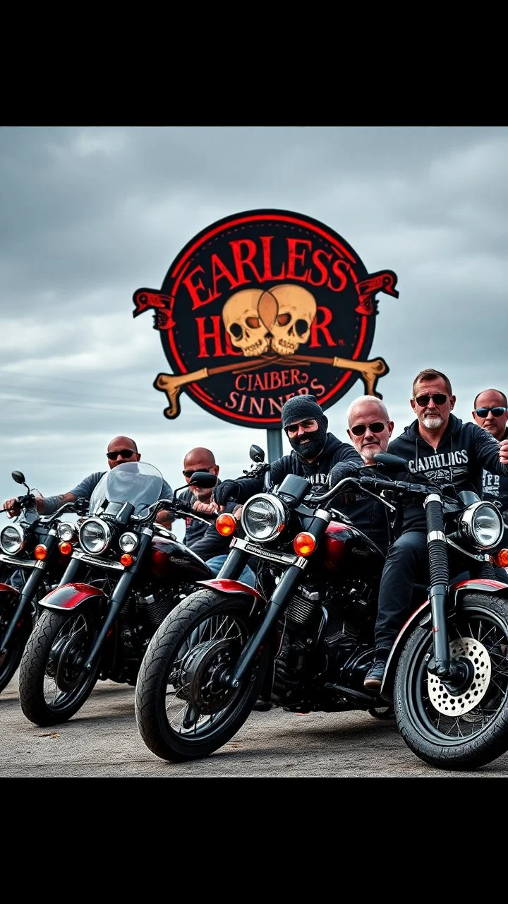 a very hard and tuff motorcycle bald gang, posing with their Harley Davidsson bikes, some of them holding guns and shotguns, a logo sign with Falköpings HD Club, "Fearless sinners" Skulls and bones, skeletons