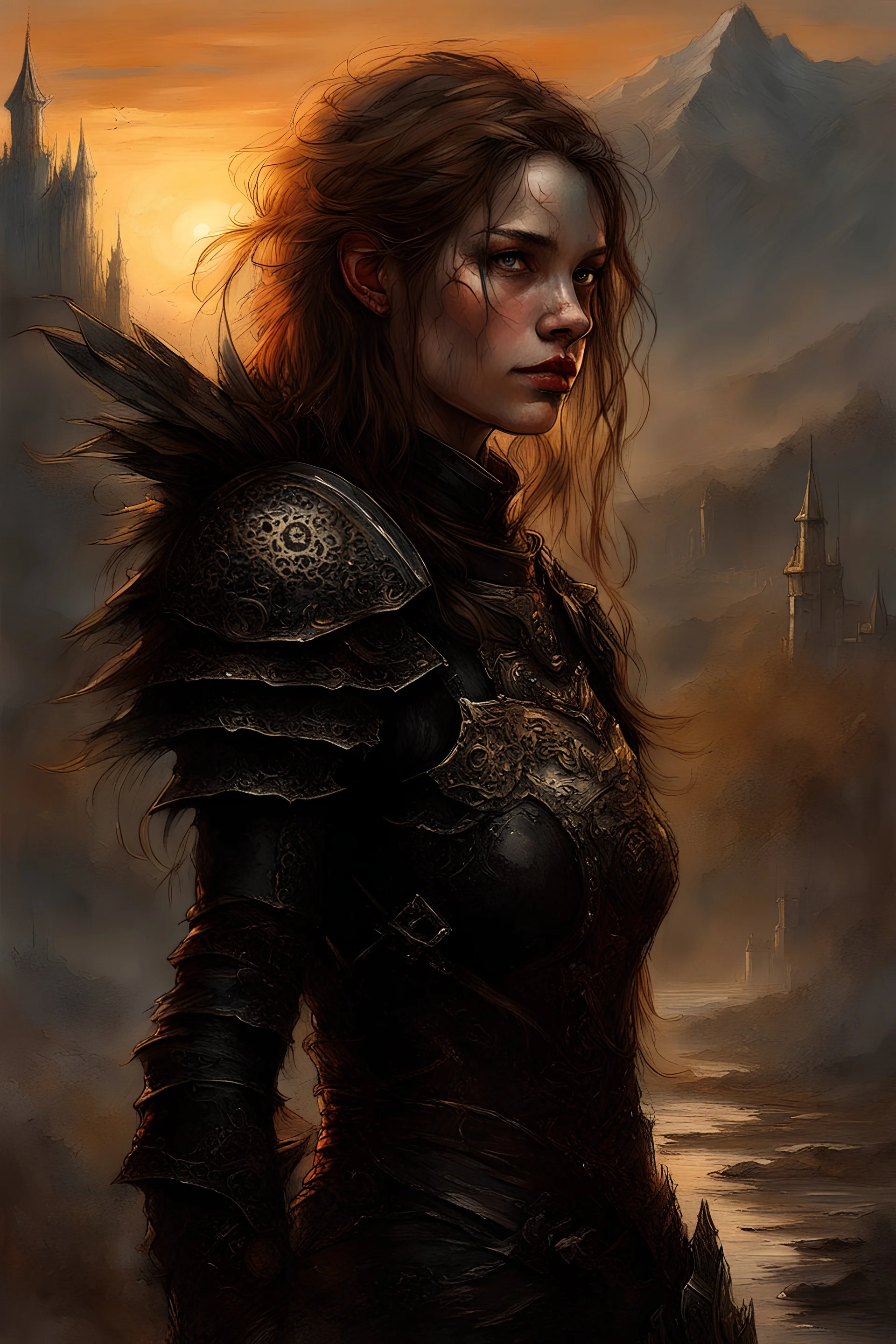 A formidable warrior girl in black armor, on the background Amazing gloomy landscape, flooded with sunset, mountains, trees, fabulous scary hero, , juicy emotions, painting, dark fantasy, gloomy day, dark world, portrait, Gothic Town At Night, Fantasy, Intricate Details, Castle Courtyard Gardens, Hyper Detailed, Jean Baptiste Monge, Carne Griffiths, Michael Garmash, Seb Mckinnon, Masterpiece