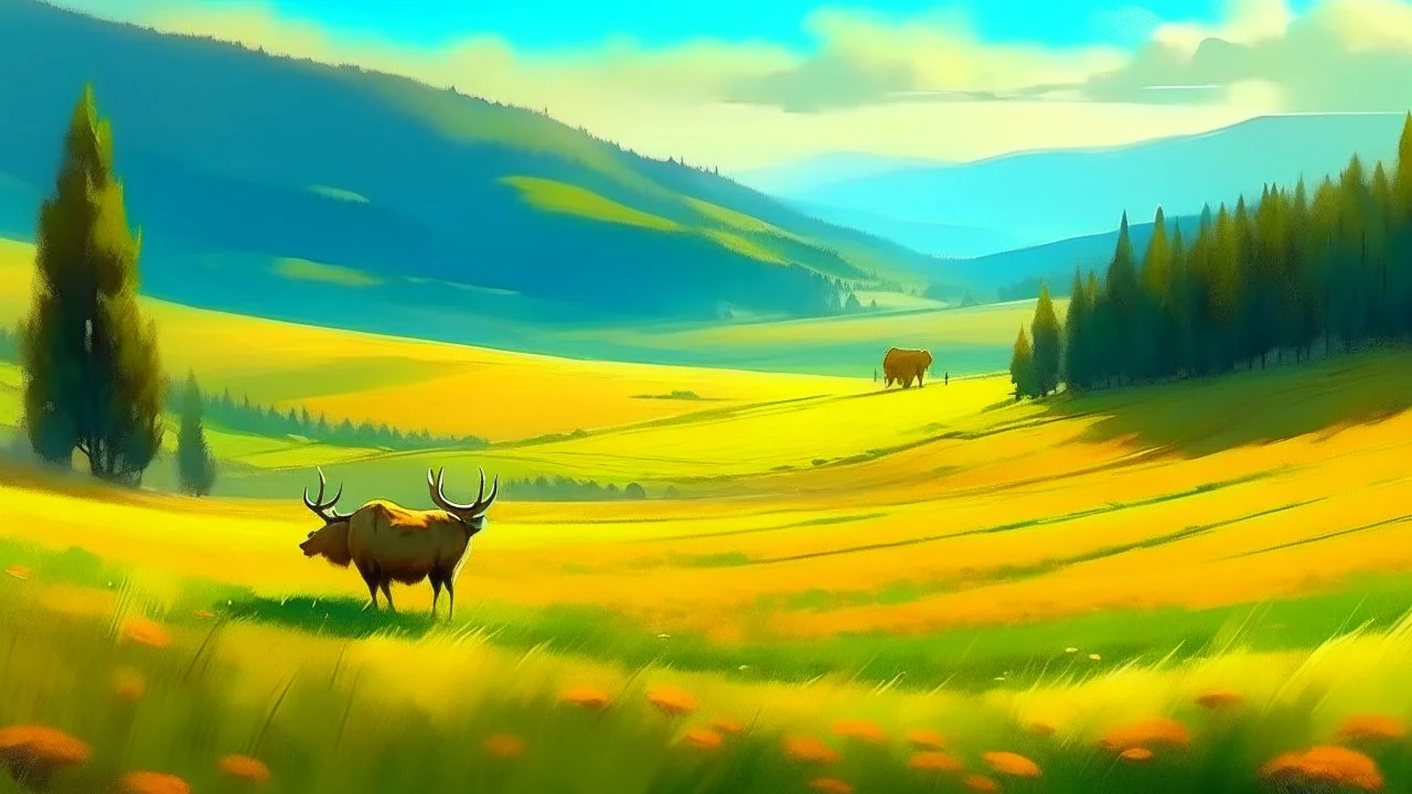 rolling hills of canola fields, elk in foreground, digital painting