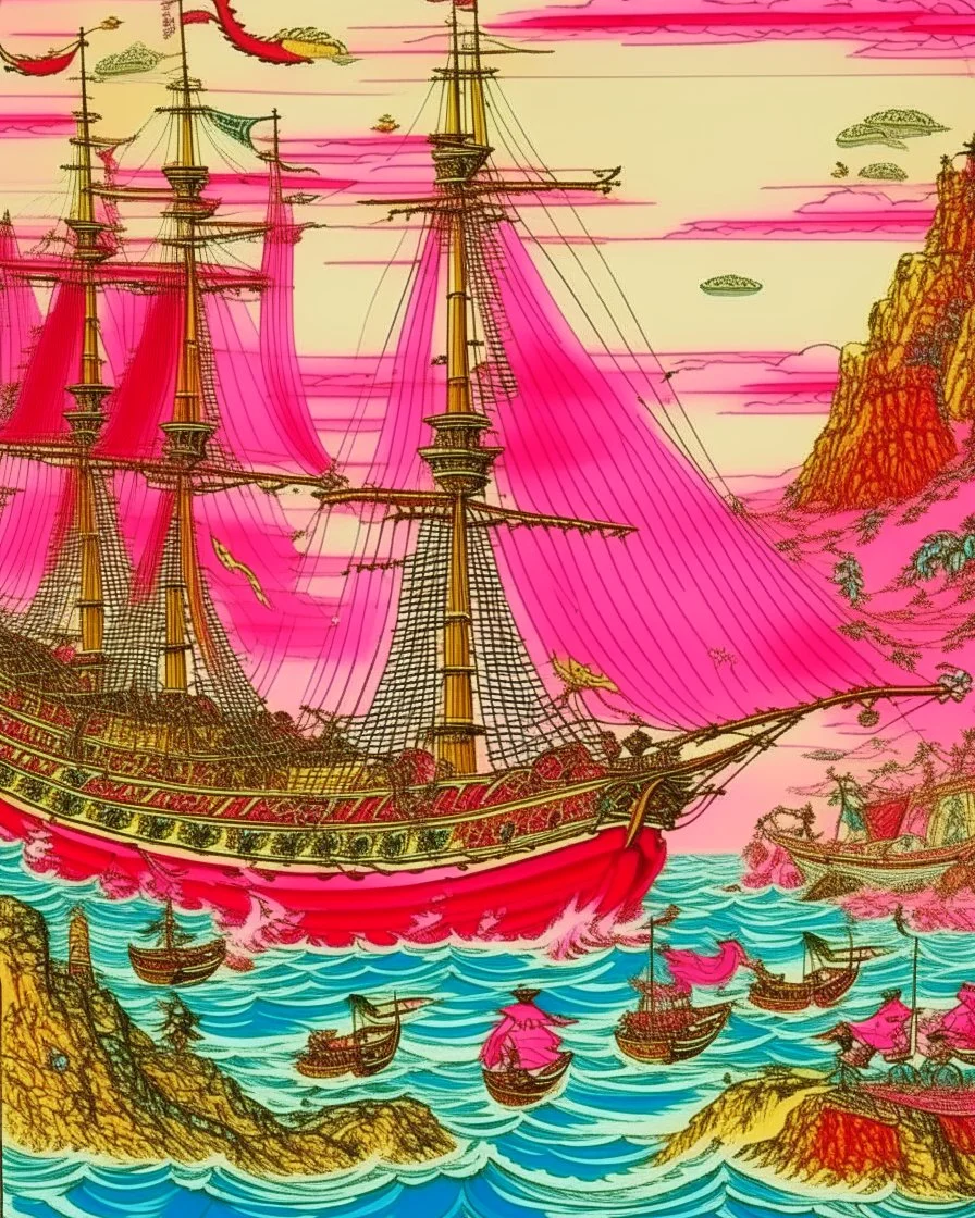 A pink arcane bay with pirate ships designed in Navajo yarn painted by Utagawa Hiroshige