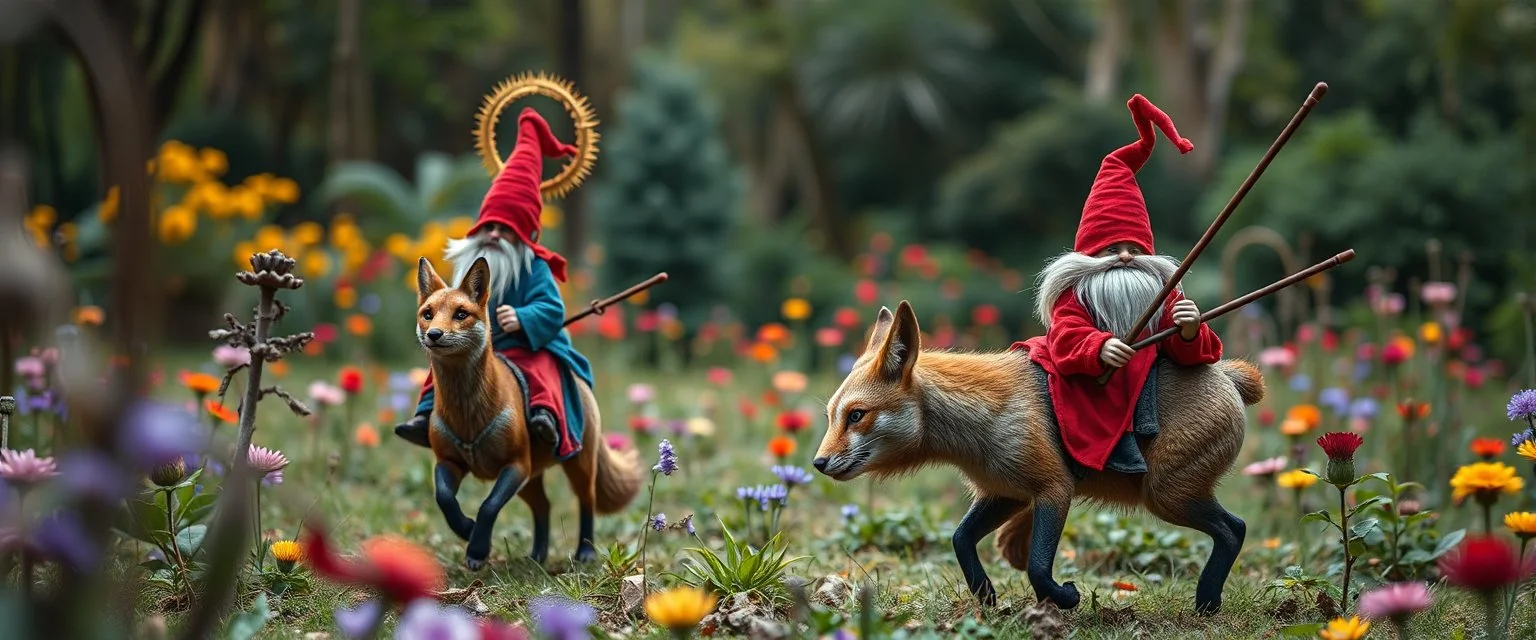 depth of field, halo, blue and red clothed gnomes riding cat foxes with lances in garden of eden in the style of Escher and Giger