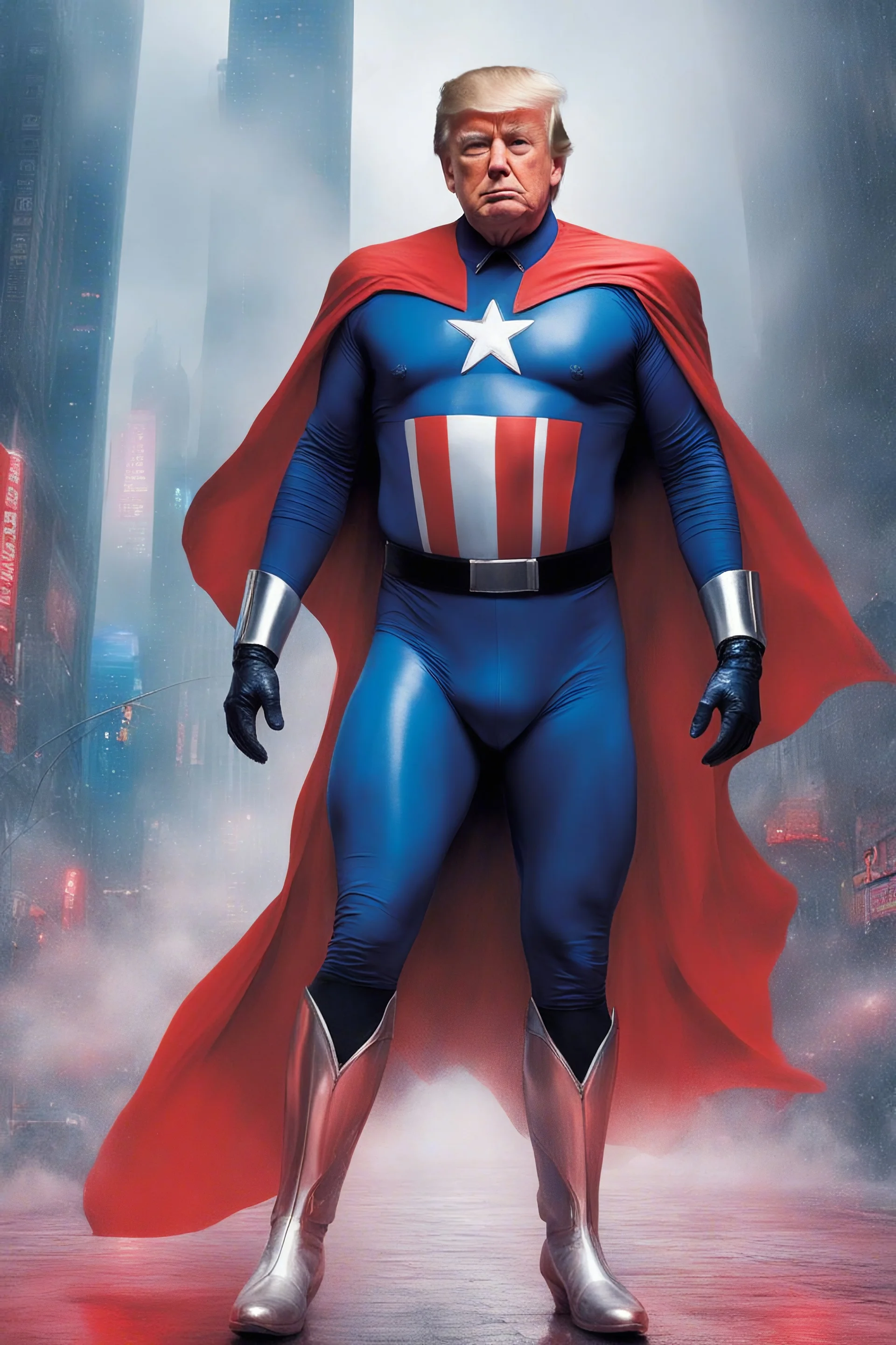 Donald Trump as 'Maga Man,' Extremely Muscular, Skintight, formfitting, red, white-and-blue bodysuit, blue cape, silver boots, Multicolored vortex, neon lit futuristic cityscape, mist, fog, speed, extremely overexaggerated musculature, "MAGA MAN"