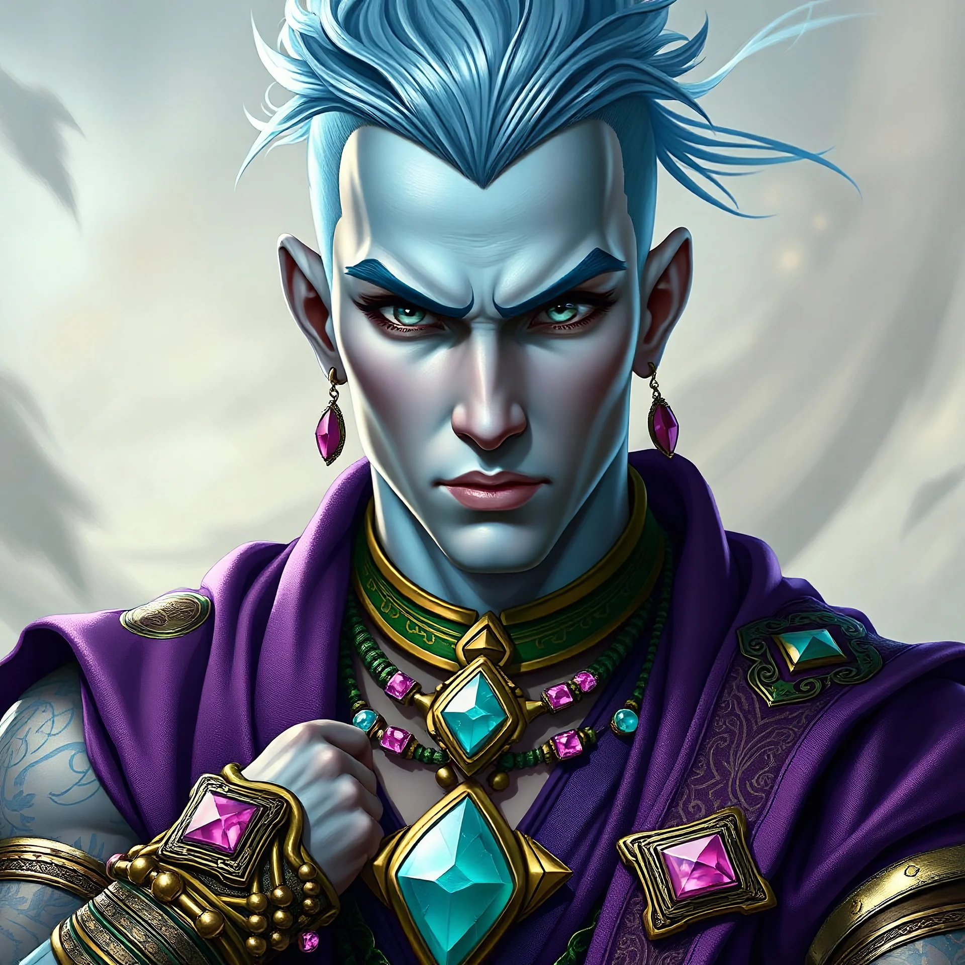 Adult light blue skinned male air genasi human monk from dungeons and dragons, athletic features, sky blue medium hair undercut, wind like elemental aura, mid 30's, muscular with elegant heavily embellished purple monk apparel, thin green metal religious necklace and heavy bracelets with pink diamonds and light blue jade stones, round grey blue eyes, human with godlike features, wind like hair see through, bright colored religious tattoos, realistic high def details, ready to battle.