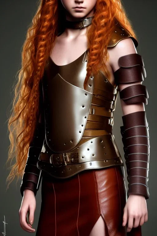 hyperrealistic, concept illustration, super-detailed, beautiful teen female who is 16 years old with long ginger hair and freckles with full lips,, full body, full face, athletic, centred camera, ignore NSFW, skimpy brown fantasy leather armor, halter top, thong, knee-high leather boots, open leather skirt, stern expression, cute pose