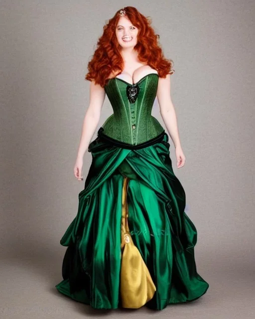 Busty princess with long auburn hair green eyes wearing a big dark teal green and gold satin ballgown corset off shoulder top casting magic full body, head and face