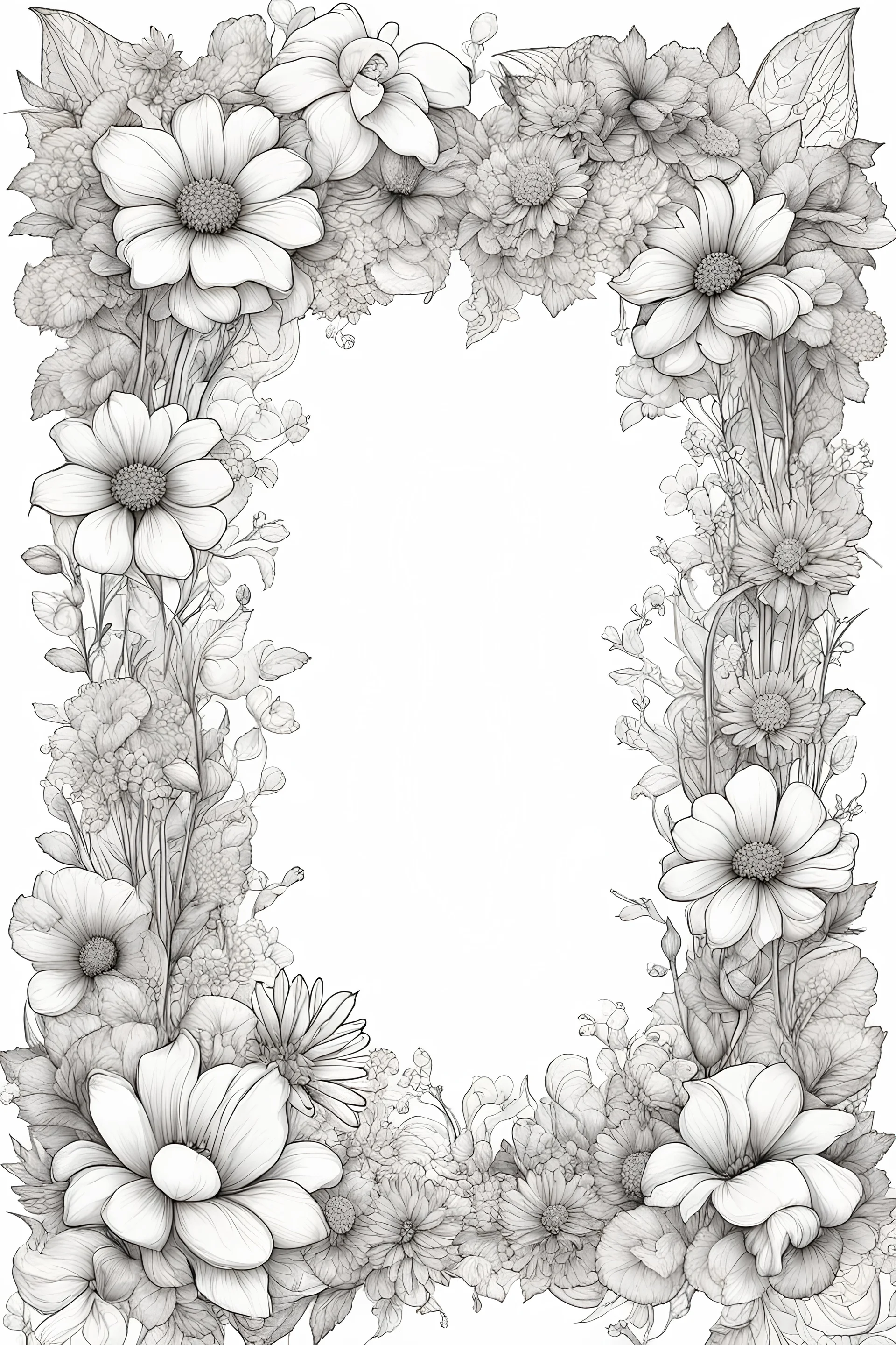 black and white wide beautiful cute floral frame for coloring pages, use big flowers, go all the way to the edges but leave a lot of space in the middle of the page, use only black and white, clear crisp outlines, no black background, go all the way to the outer edges of the page.