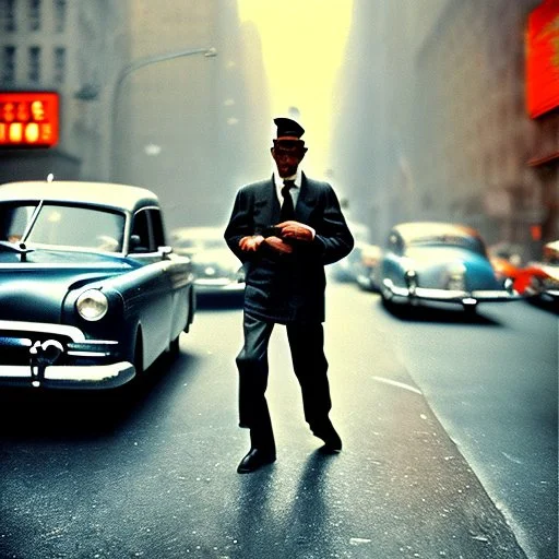 Picture 1950's street life New York, blurred, abstractism, colours, strong texture, 3d