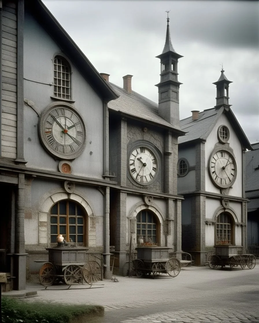 A gray factory with iron clocks designed in German folk art painted by Georges Seurat