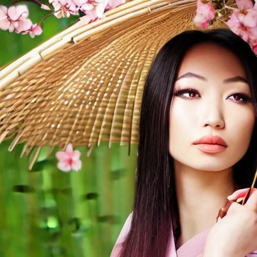 close-up portrait of gorgeous, stunning asian woman with bamboo umbrella, cherry blossoms, kimono, realistic, photo illustrative, ornate, 8K resolution, high-quality, fine-detail, digital art, detailed matte, brian froud, howard lyon, selina french, anna dittmann, annie stokes, lisa parker, greg rutowski, alphonse mucha