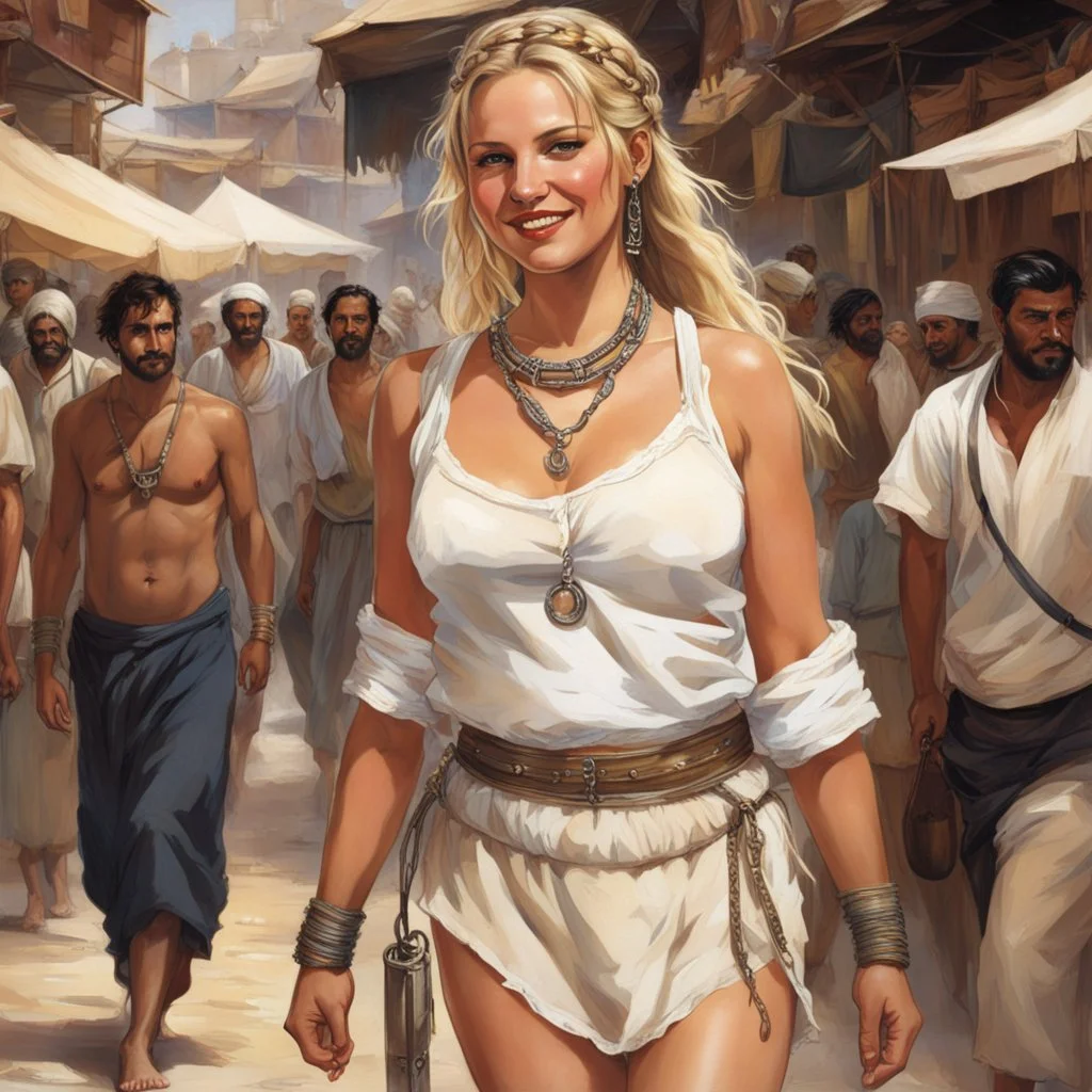 youthful servant smiling woman in linen undies, with braided blond hair, ample bosoms, a 3-inch-wide steel collar locked tightly around her neck, and steel manacles on her wrists and ankles, head tilted down in shame, escorted roughly by a much larger man as they walk through a crowded North African bazaar.