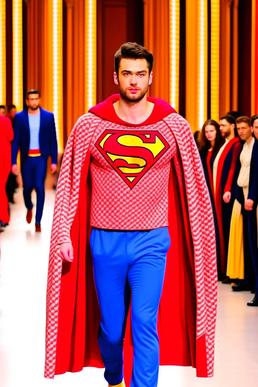 A guy on a fashion runway with Superman invernal clothes style embroidery without cape