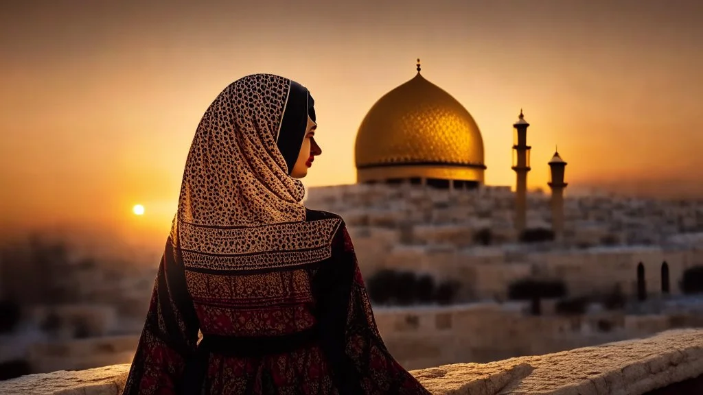 A Palestinian woman wearing an embroidered dress with the Dome of the Rock in front of her during sunset in winter.