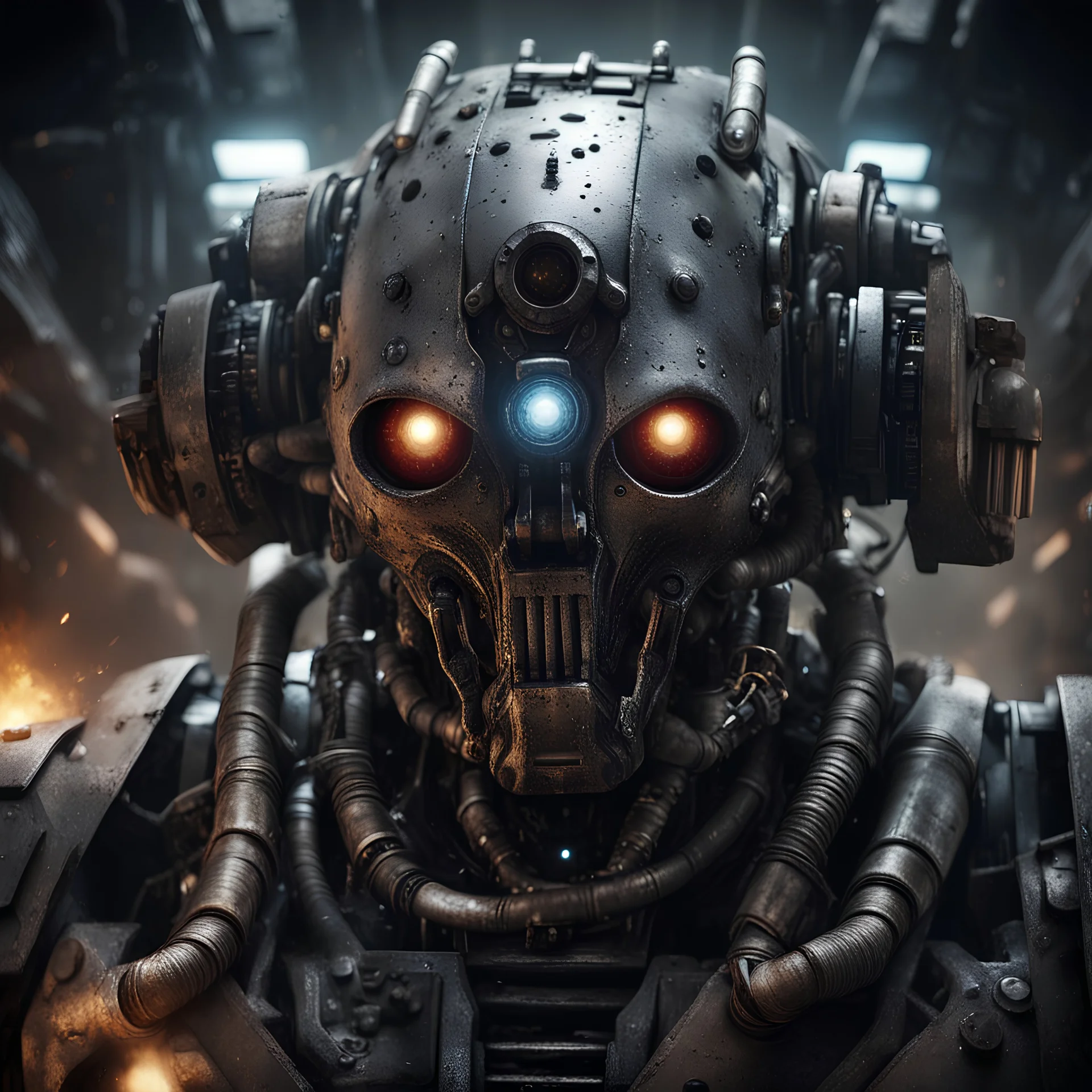 a close up portrait of an evil combat robot. photorealistic. lots of greebling; little hoses, lights, and weapon systems. chaos space marine meets the matrix meets the Borg. the lighting should be dark. it's approaching you in the shadows of a dark spaceship corridor. it's battle damaged. some burn marks and bullet holes. incredibly ominous. one eye is covered by a targetting device.