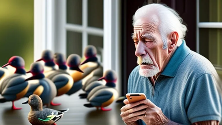 confused older man using cellphone on his porch attacked by many ducks