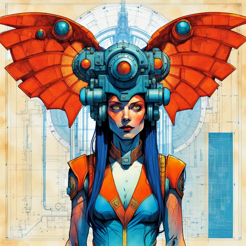 Hand drawn technical,full body portrait illustration , with detailed blueprints and engineering schematics of a walking Atlas moth insect girl, in the comic book art style of BILL SIENKIEWICZ and JEAN GIRAUD MOEBIUS, with highly detailed facial features, drawings, and technical notation, 8k, vibrant natural colors