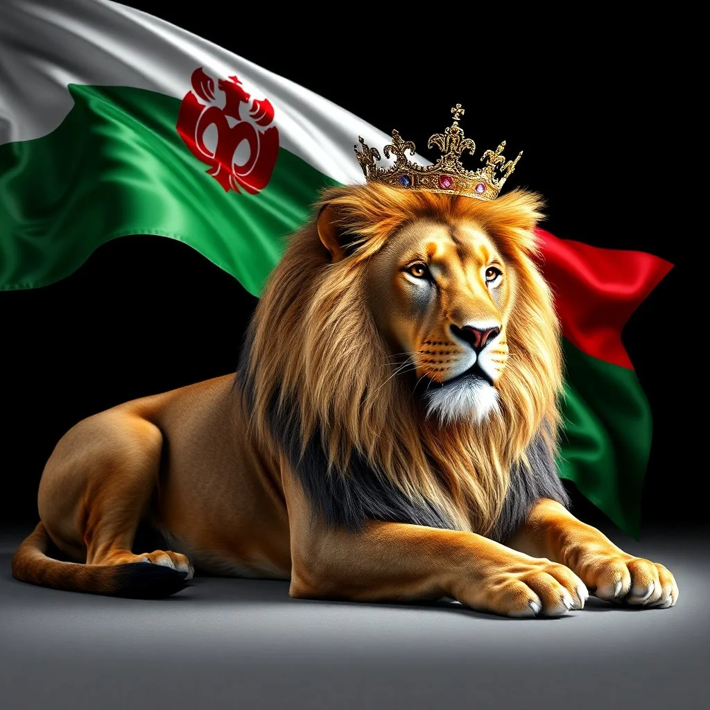 Create A hyper-realistic highly detailed image of a majestic lion lying down, wearing a royal crown. The lion's fur should be rich and textured, with a regal and powerful presence. Behind the lion, the flag of the Republic of Bulgaria waves gracefully, its white, green, and red colors vivid and well-defined. The background should be an elegant, deep black, creating a striking contrast that enhances the grandeur of the lion and the flag. The lighting should be dramatic, with