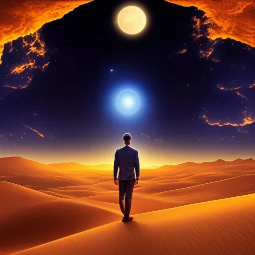 There is man in night on a desert looking at Sky , in sky ther is a fish which swimming around