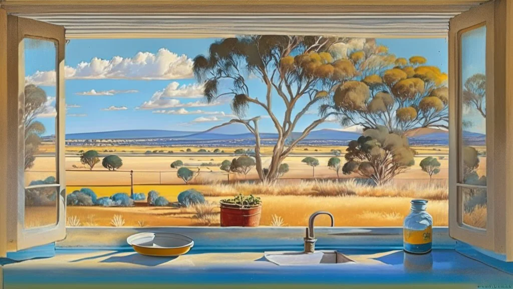 in dalle artistic style, a view of an australian sunny peaceful landscape outside kitchen window