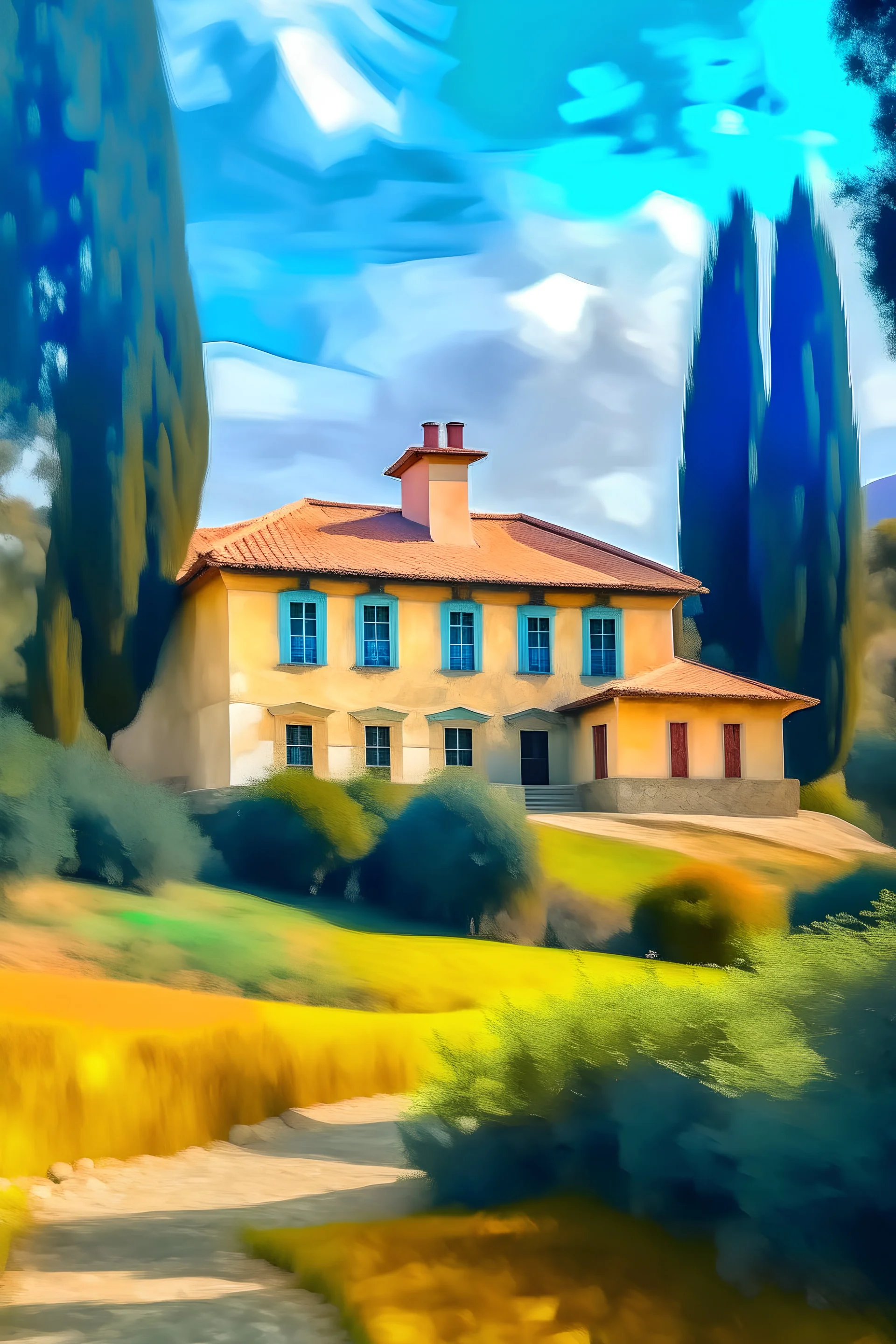 Paisaje post impresionista de una casona antigua peruana al estilo van Gogh usando colores apagados